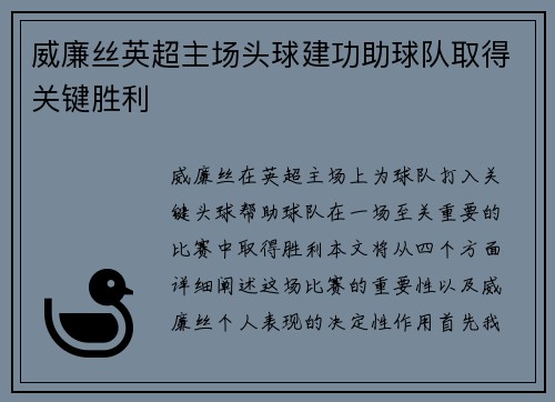 威廉丝英超主场头球建功助球队取得关键胜利