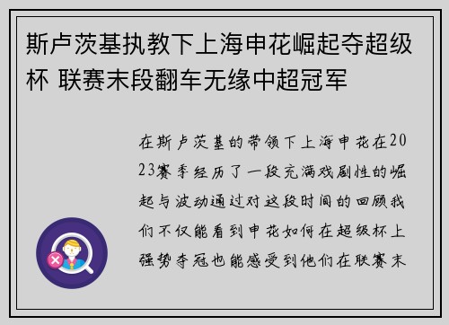 斯卢茨基执教下上海申花崛起夺超级杯 联赛末段翻车无缘中超冠军 斯卢茨基执教下上海申花崛起夺超级杯 联赛末段翻车无缘中超冠军